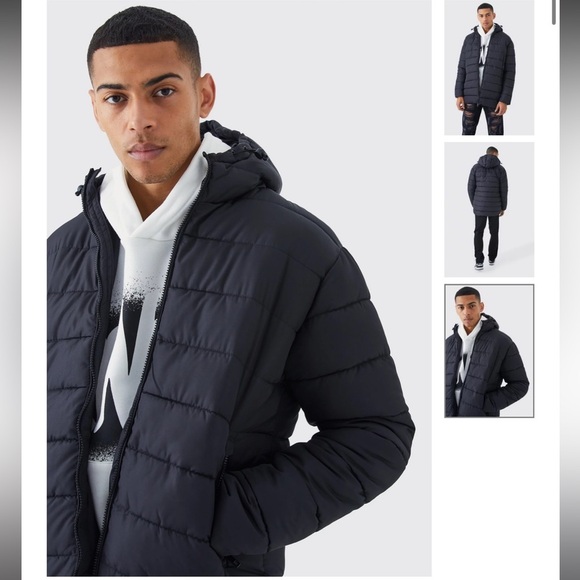 BoohooMAN Quilted Longline Puffer with Hood - Picture 3 of 4